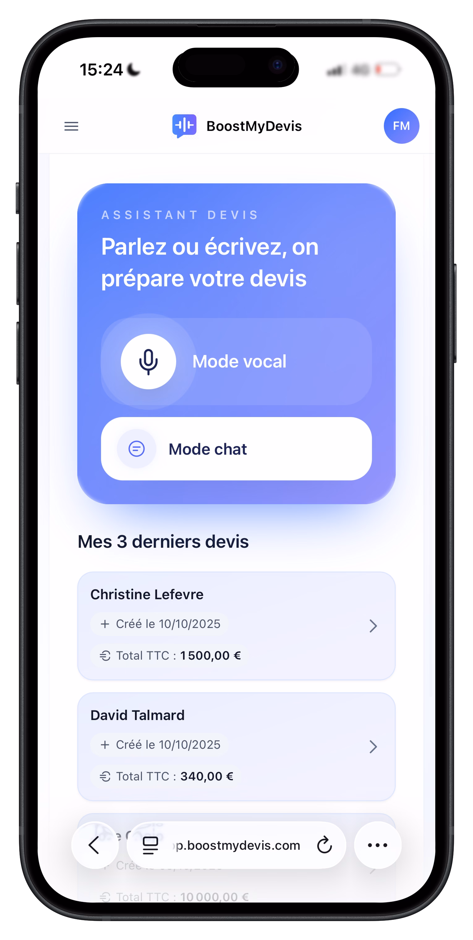 Interface BoostMyDevis sur smartphone
